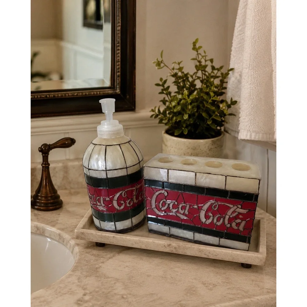 Vtg Coca-Cola Stained Glass Mosaic Style Soap Dispenser/Toothbrush Holder Set